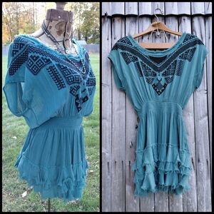 Ecote blue & black embroidered geometric open back mini dress Womens size S